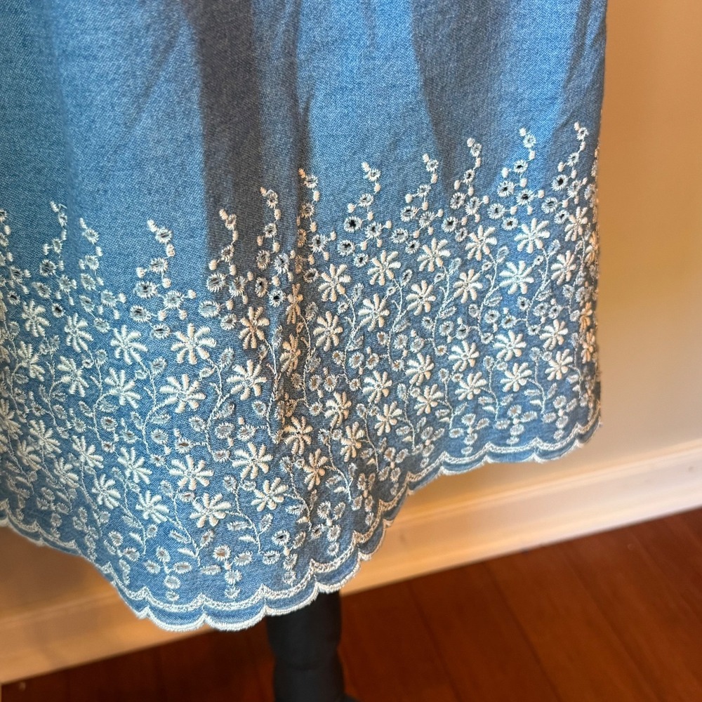Vintage Express Denim Embroidered Dress Womens 9/10 Blue Sleeveless Y2K Cottage - Picture 3 of 13
